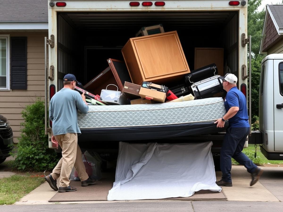 Crew carrying an old mattress and appliances to the junk removal truck