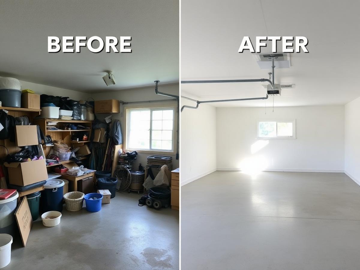 Cluttered garage before and clean empty garage after a Hustlers Junk Removal cleanout